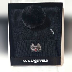 KARL LAGERFELDWomen's Disco Kitty Beanie & Scarf Boxed Gift Set In Black